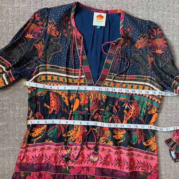 FARM Rio Mixed Patchwork Midi Dress Long Sleeve Tie Neck Size Small - Picture 4 of 10